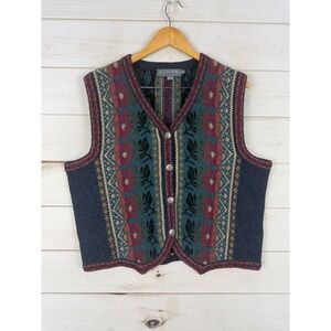 Icelandic Design  Sweater Vest XL Wool Blend Floral Fair Isle Button Front